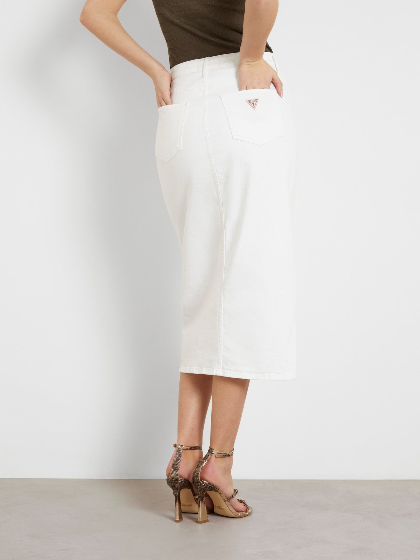 Front slit denim midi skirt