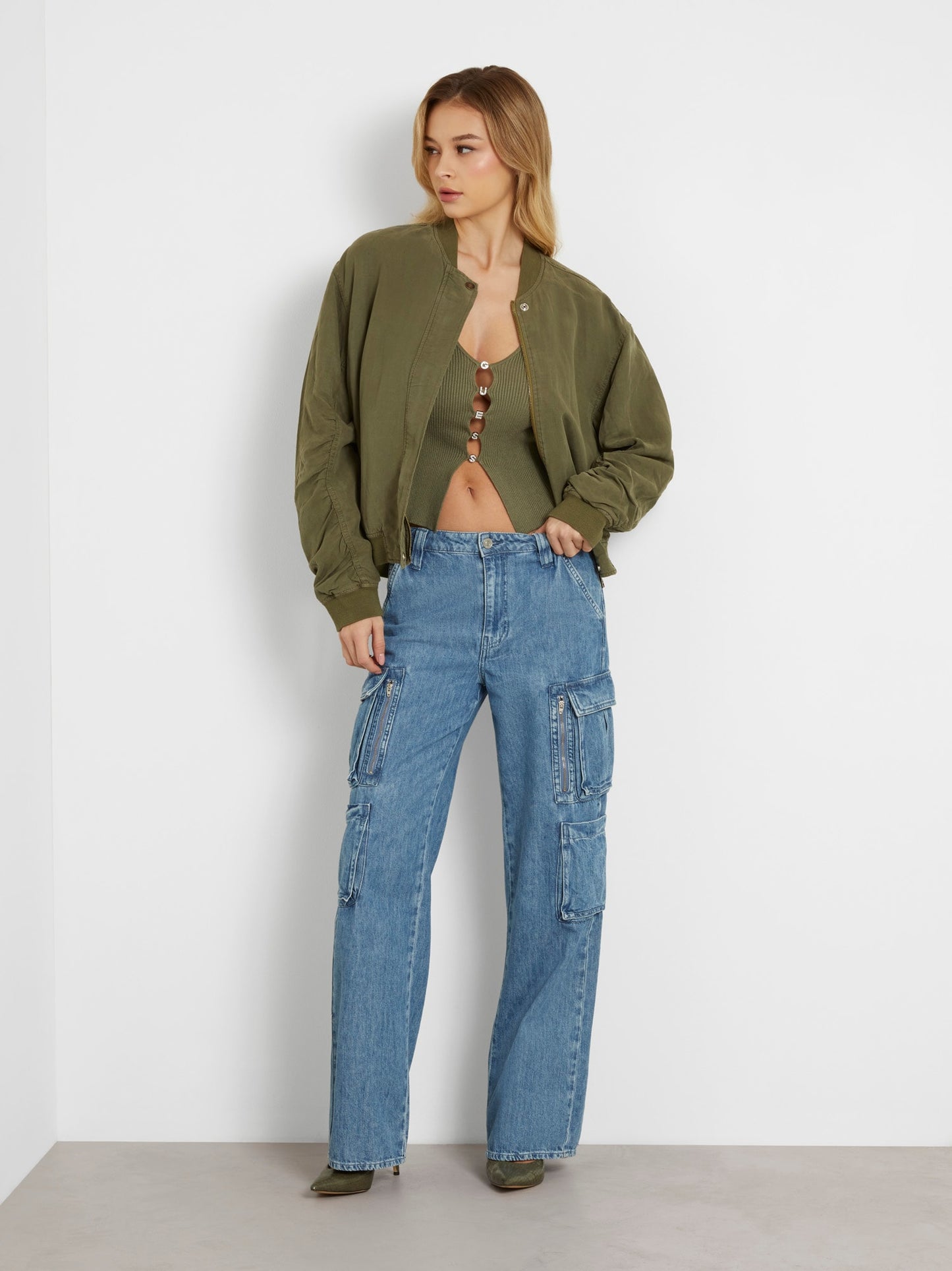 Linen blend bomber jacket