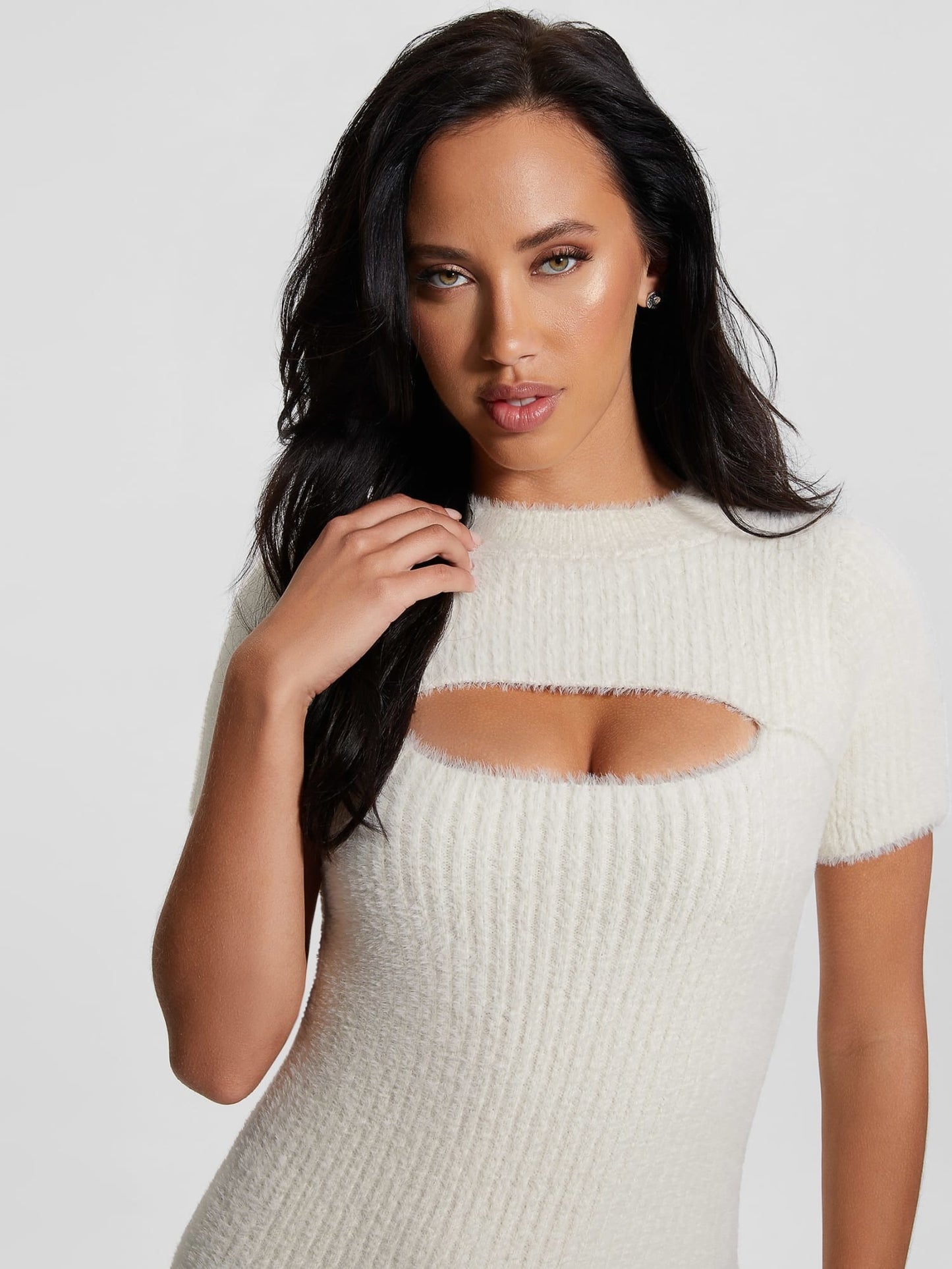 Detachable sleeves mini sweater dress