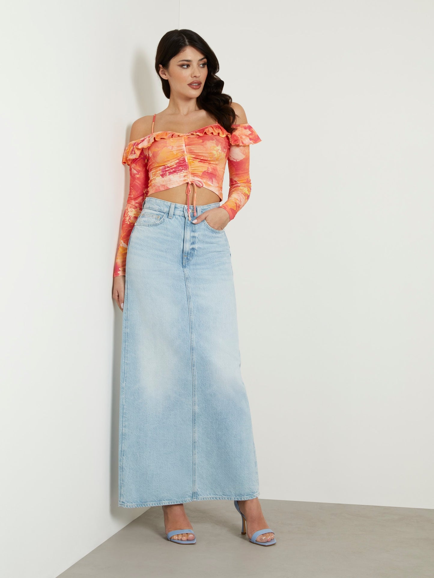 Back slit denim midi skirt