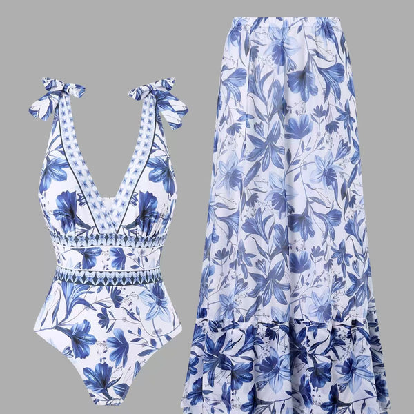 V Neck Lace Up Boho Breeze Blue Floral Swimsuit&Skirt ⭐Free Shipping⭐