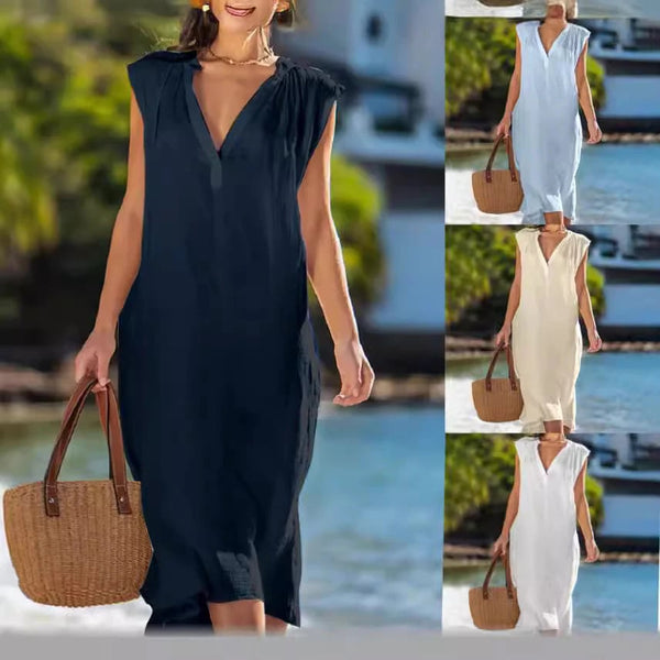 Sleeveless cotton and linen dress with a v-neck