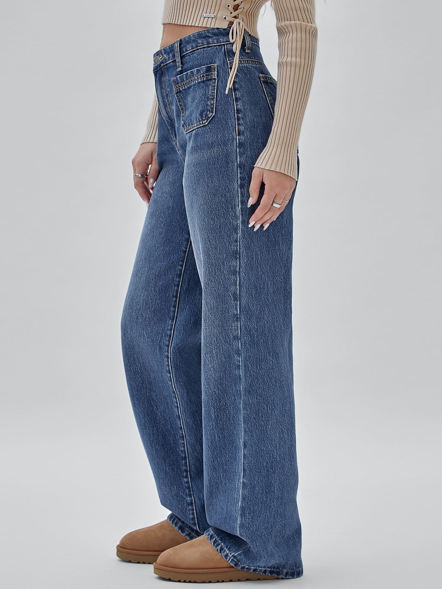Mid rise wide leg denim pant