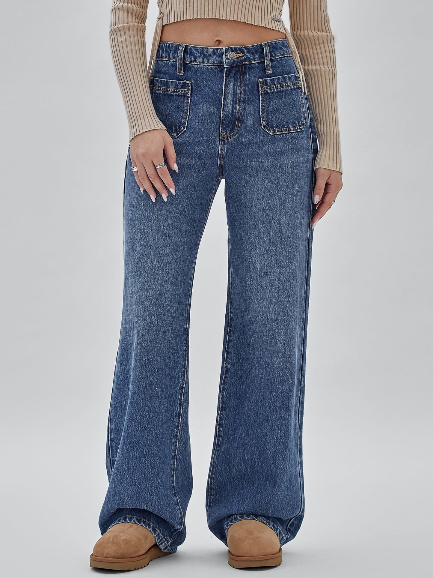 Mid rise wide leg denim pant