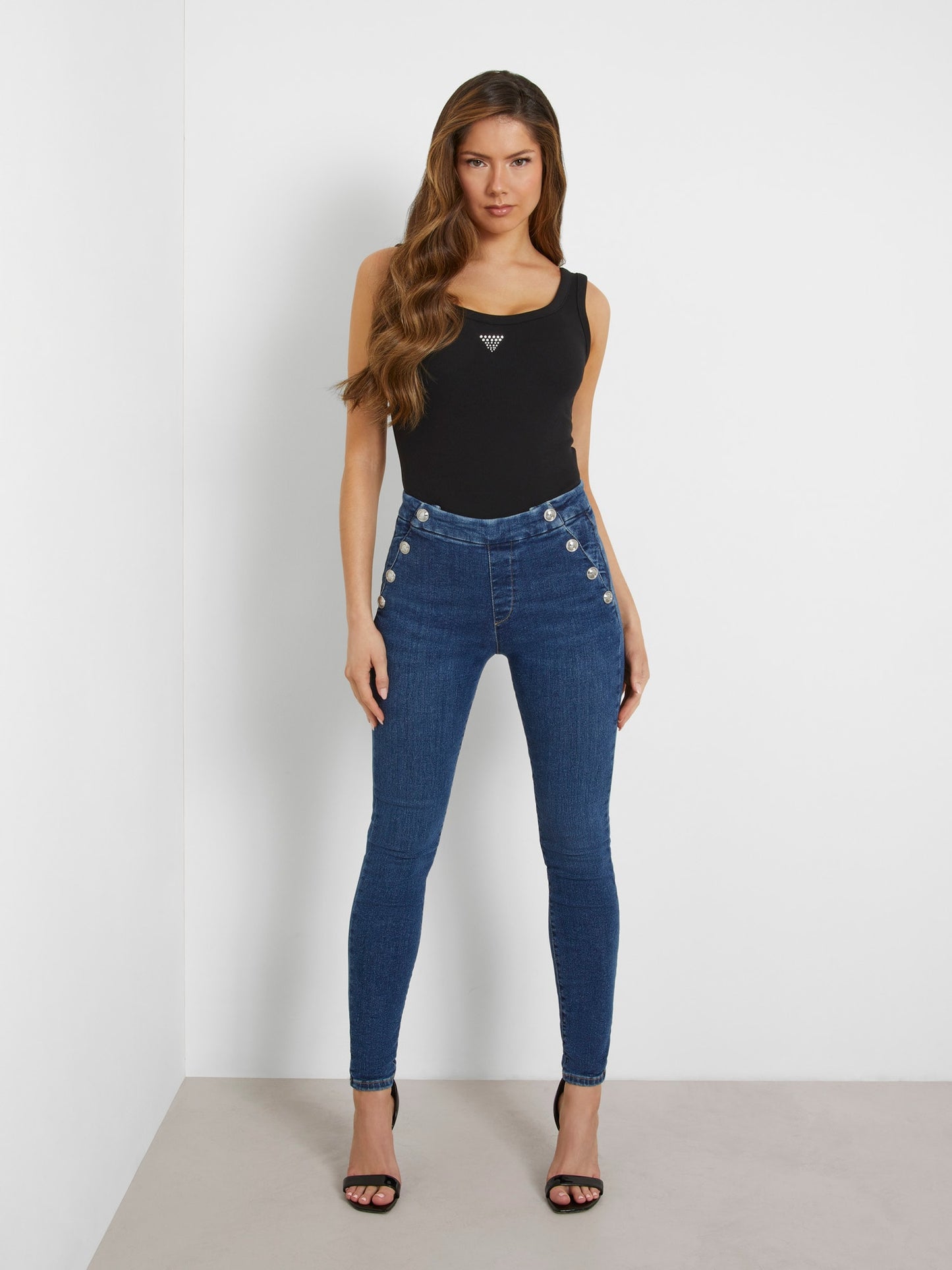 Exposed buttons skinny denim pant