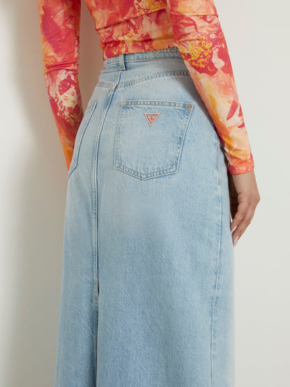 Back slit denim midi skirt