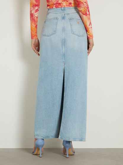 Back slit denim midi skirt