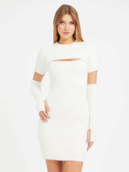 Detachable sleeves mini sweater dress