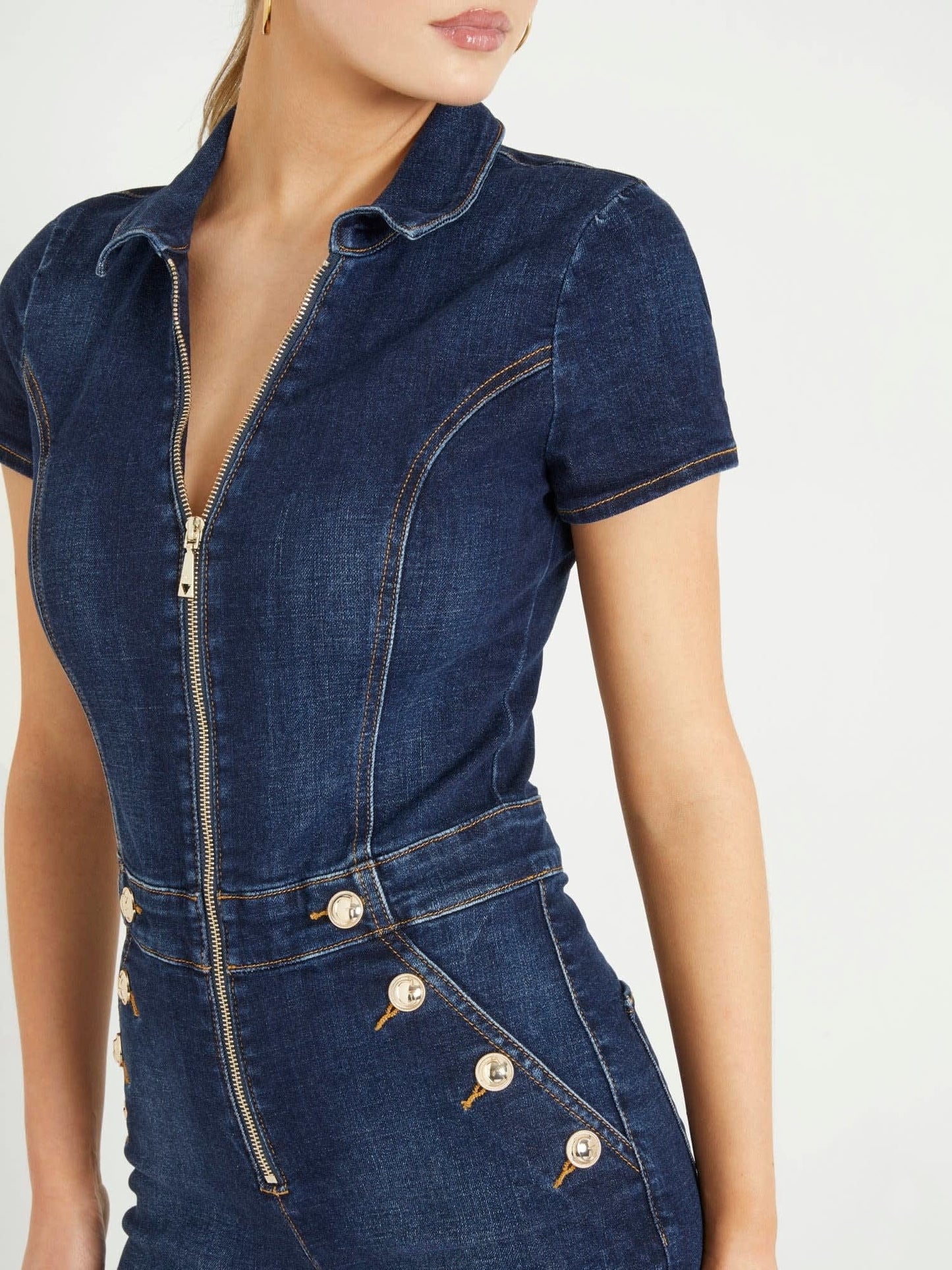 Exposed buttons denim jumpsuit